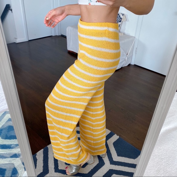 ☀️ ZARA TALL BOHO YELLOW WHITE STRIPE SHEER HIGH WAIST WIDE LEG PANTS! - Picture 4 of 16